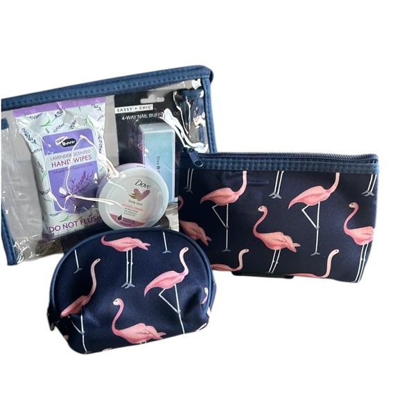 Flamingo Print Pink and Blue Cosmetic Bag Trio Set with free items NWOT - Picture 2 of 12